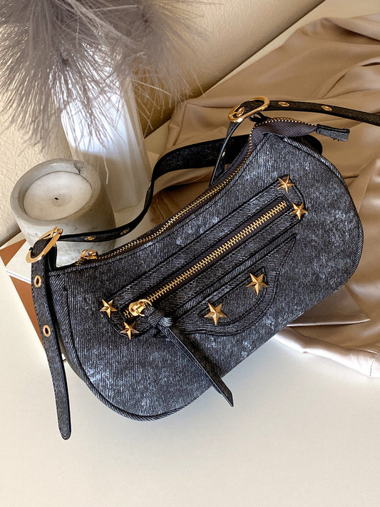 Borsa in ecopelle effetto denim nero